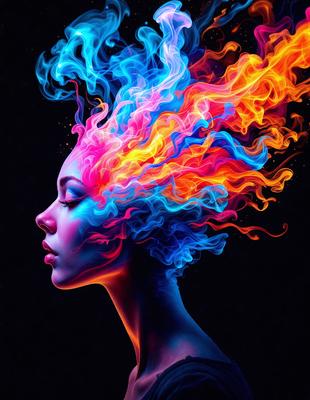 The primary subject of the image is a woman with a colorful, abstract head. The setting is a dark background, which contrasts with the vibrant colors of the woman's head. The visual style is a combination of digital art and illustration, creating a unique and artistic representation of the woman's head. The dominant colors are blue, orange, and pink, which contribute to a lively and energetic atmosphere.